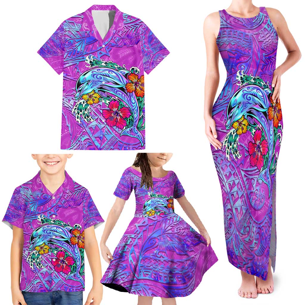 Personalized Dolphin Polynesia Family Matching Tank Maxi Dress and Hawaiian Shirt Hibiscus Tropical Wave - Purple Vibes