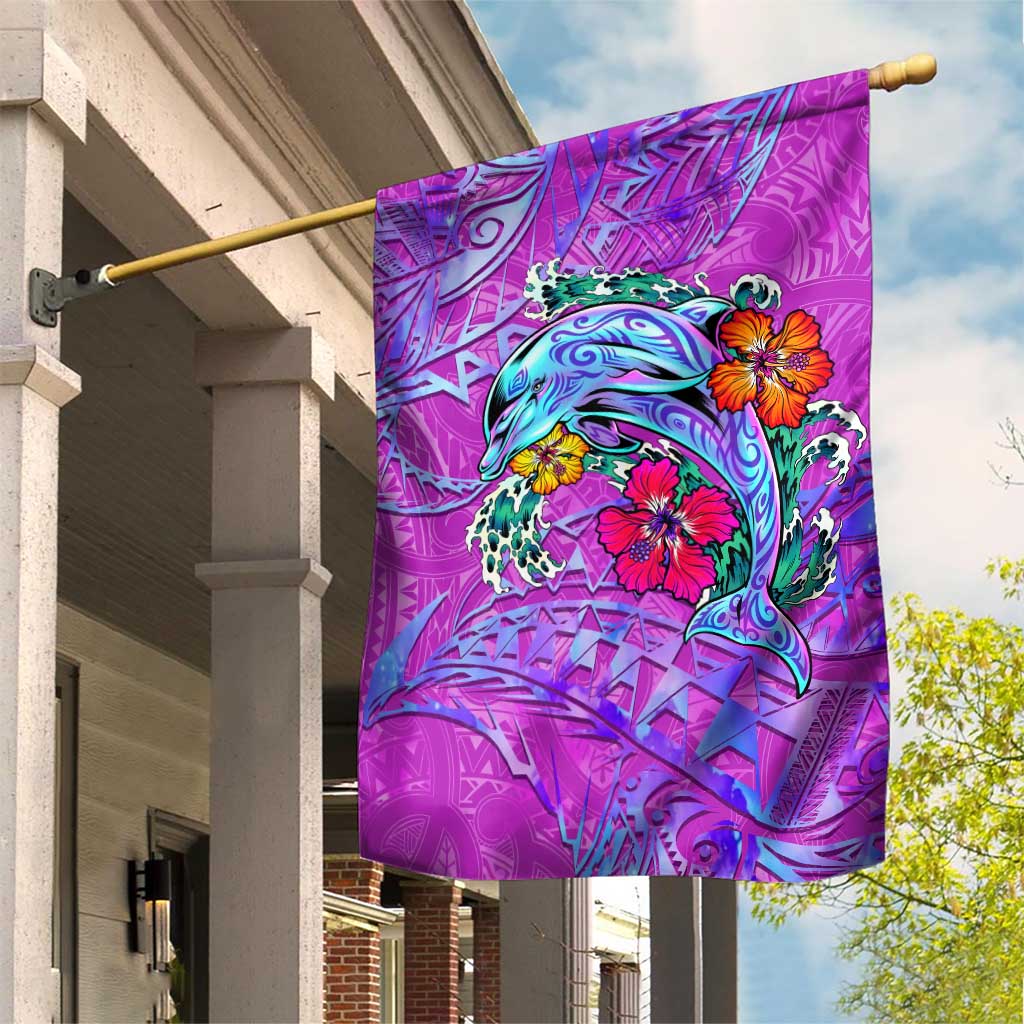 Dolphin Polynesia Garden Flag Hibiscus Tropical Wave - Purple Vibes