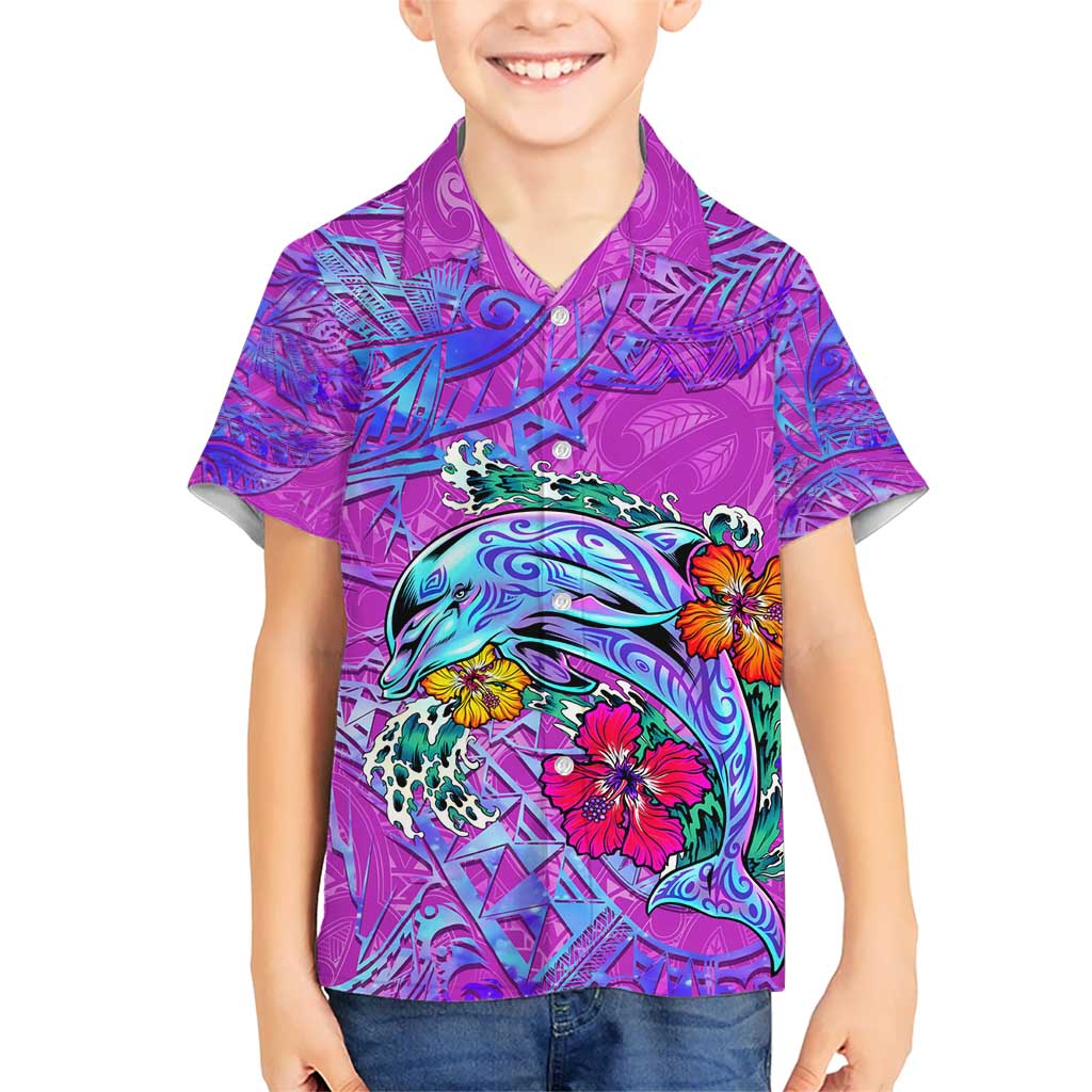 Personalized Dolphin Polynesia Hawaiian Shirt Hibiscus Tropical Wave - Purple Vibes