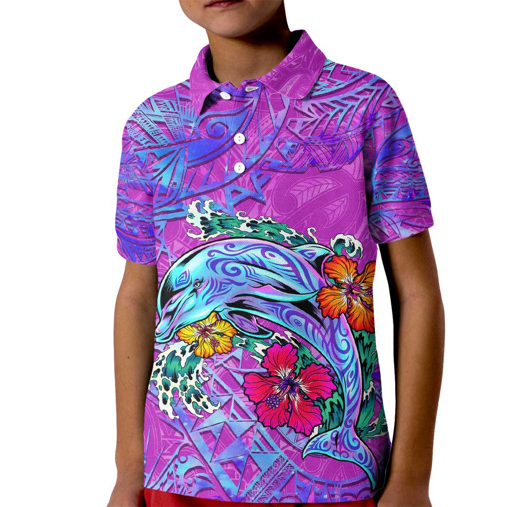 Personalized Dolphin Polynesia Kid Polo Shirt Hibiscus Tropical Wave - Purple Vibes