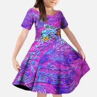 Personalized Dolphin Polynesia Kid Short Sleeve Dress Hibiscus Tropical Wave - Purple Vibes
