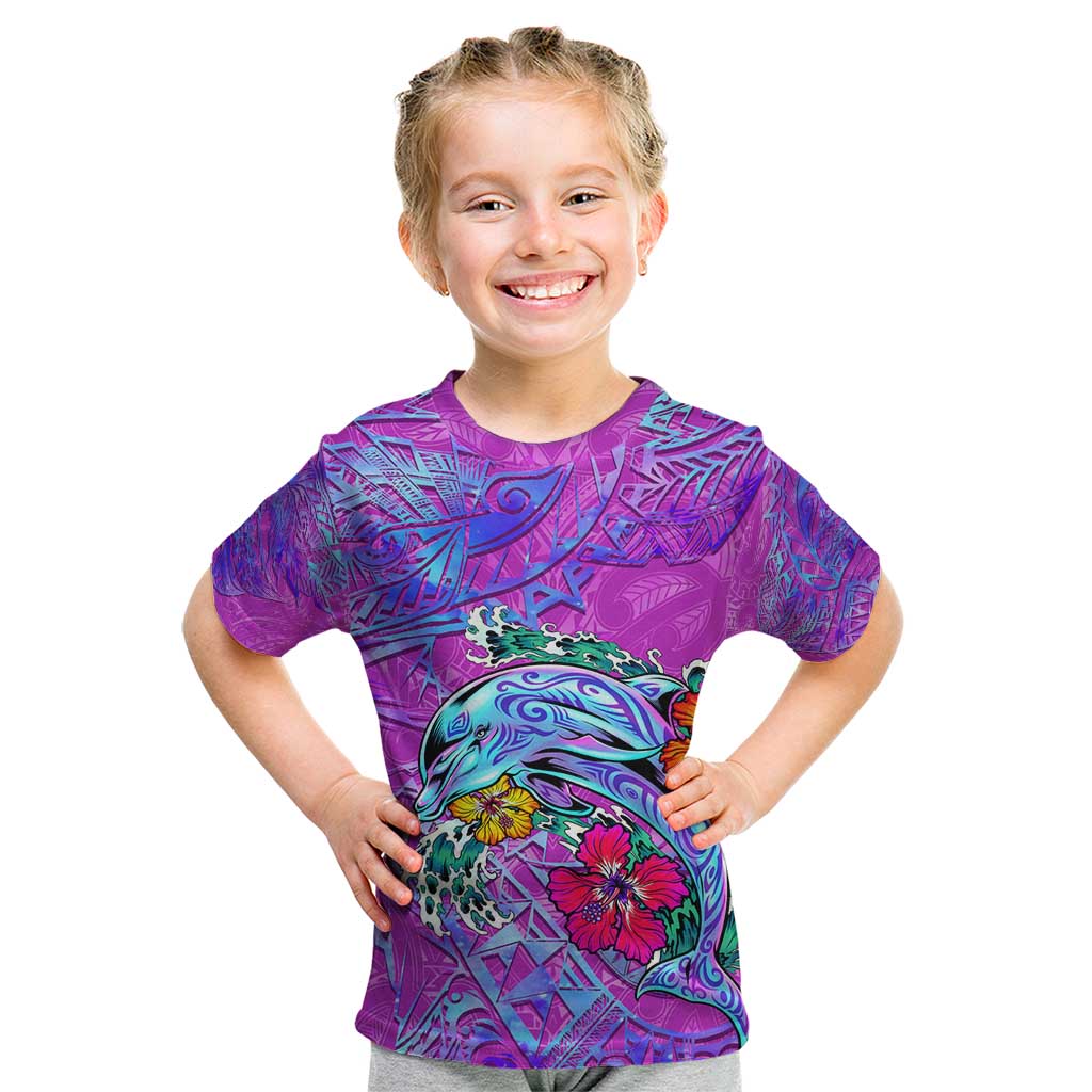 Personalized Dolphin Polynesia Kid T Shirt Hibiscus Tropical Wave - Purple Vibes