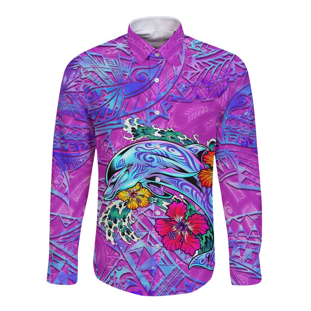 Personalized Dolphin Polynesia Long Sleeve Button Shirt Hibiscus Tropical Wave - Purple Vibes