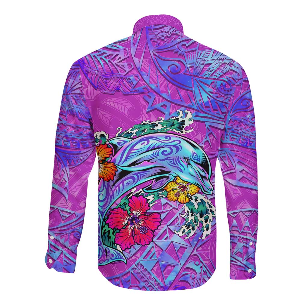 Personalized Dolphin Polynesia Long Sleeve Button Shirt Hibiscus Tropical Wave - Purple Vibes