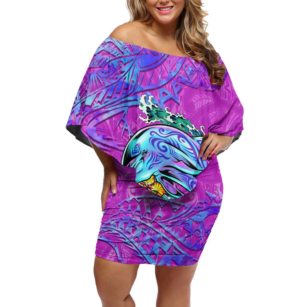 Personalized Dolphin Polynesia Off Shoulder Short Dress Hibiscus Tropical Wave - Purple Vibes