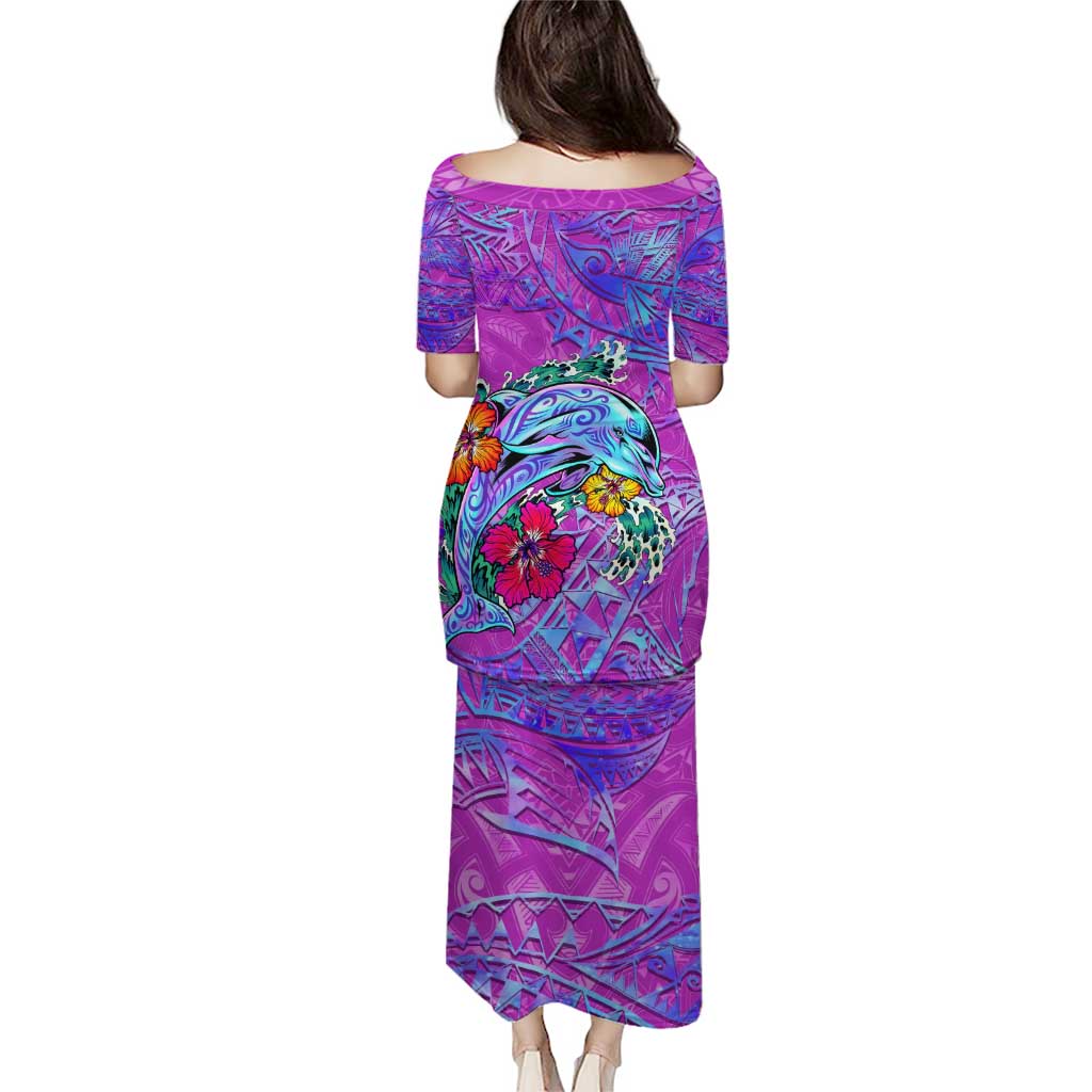 Personalized Dolphin Polynesia Puletasi Hibiscus Tropical Wave - Purple Vibes