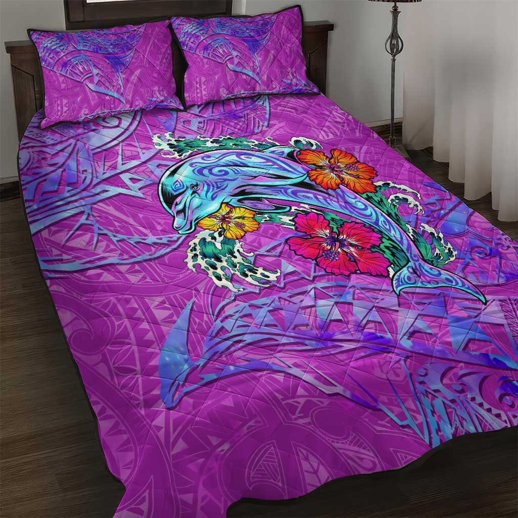 Dolphin Polynesia Quilt Bed Set Hibiscus Tropical Wave - Purple Vibes