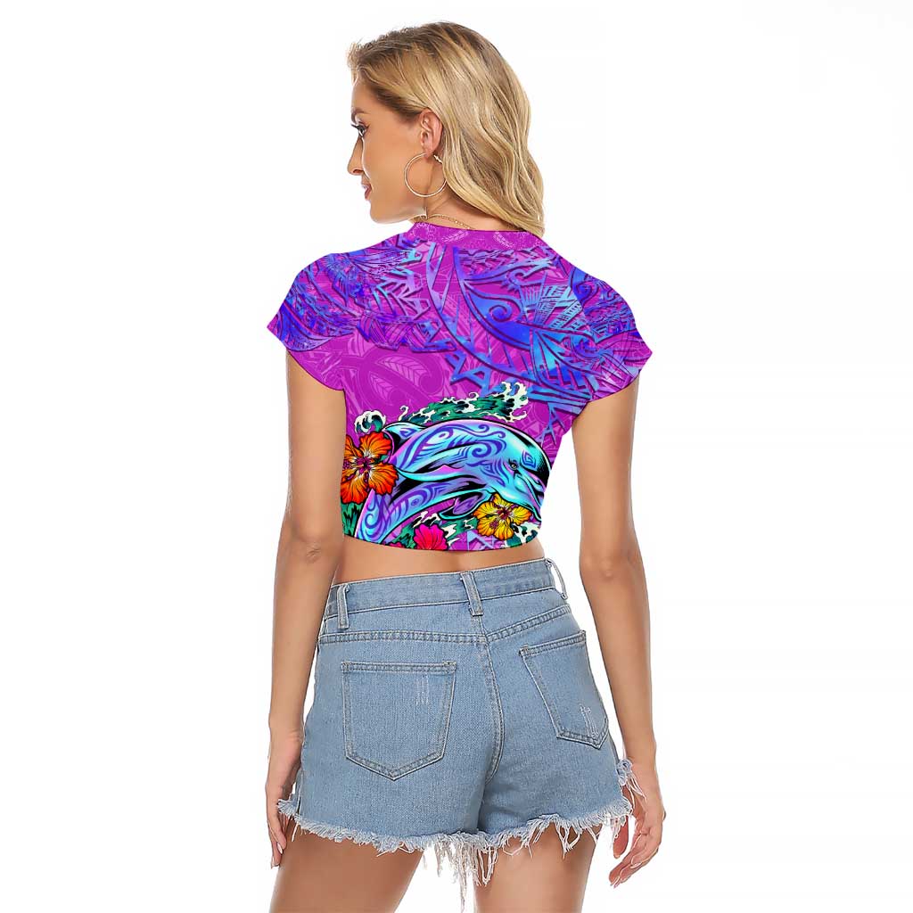 Personalized Dolphin Polynesia Raglan Cropped T Shirt Hibiscus Tropical Wave - Purple Vibes