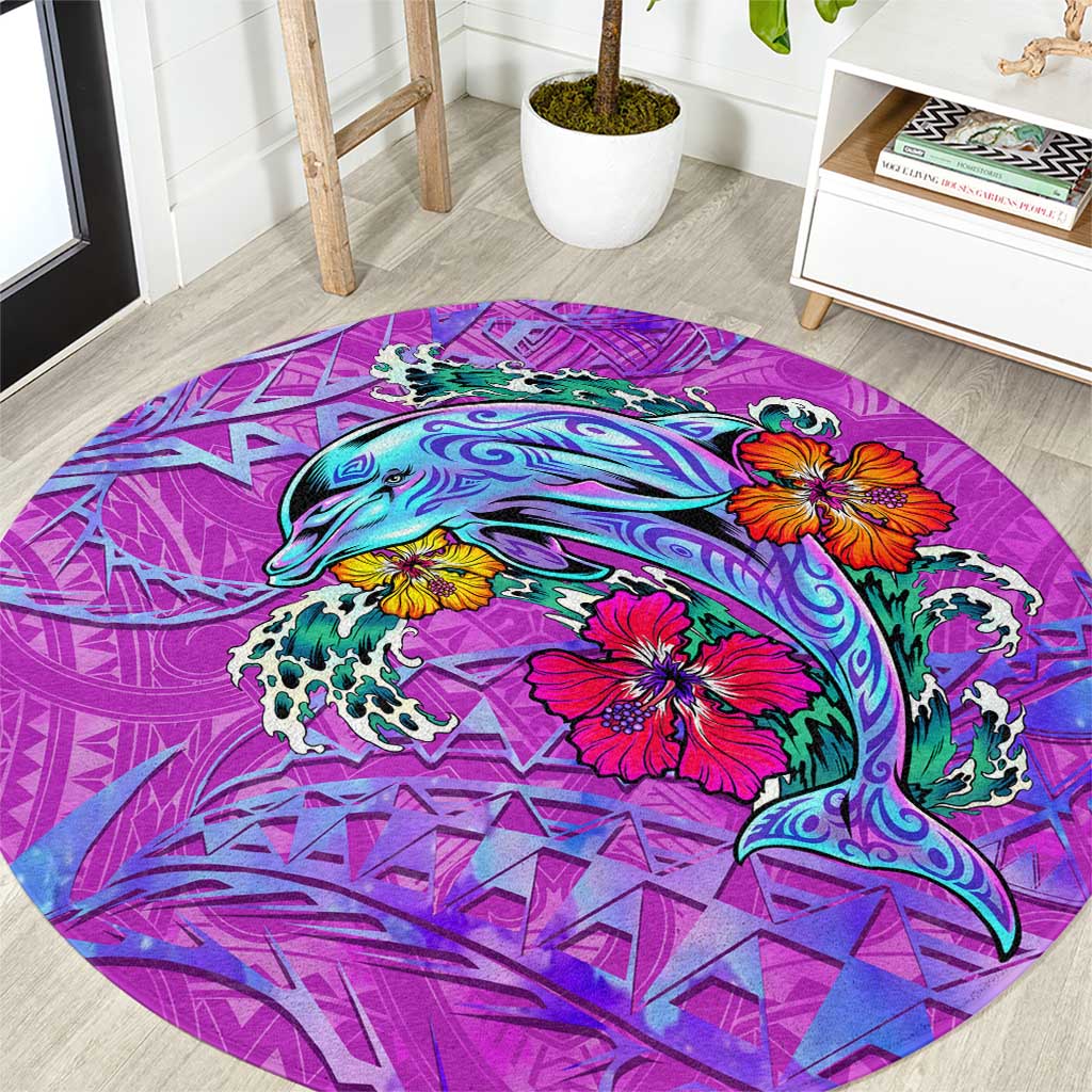 Dolphin Polynesia Round Carpet Hibiscus Tropical Wave - Purple Vibes