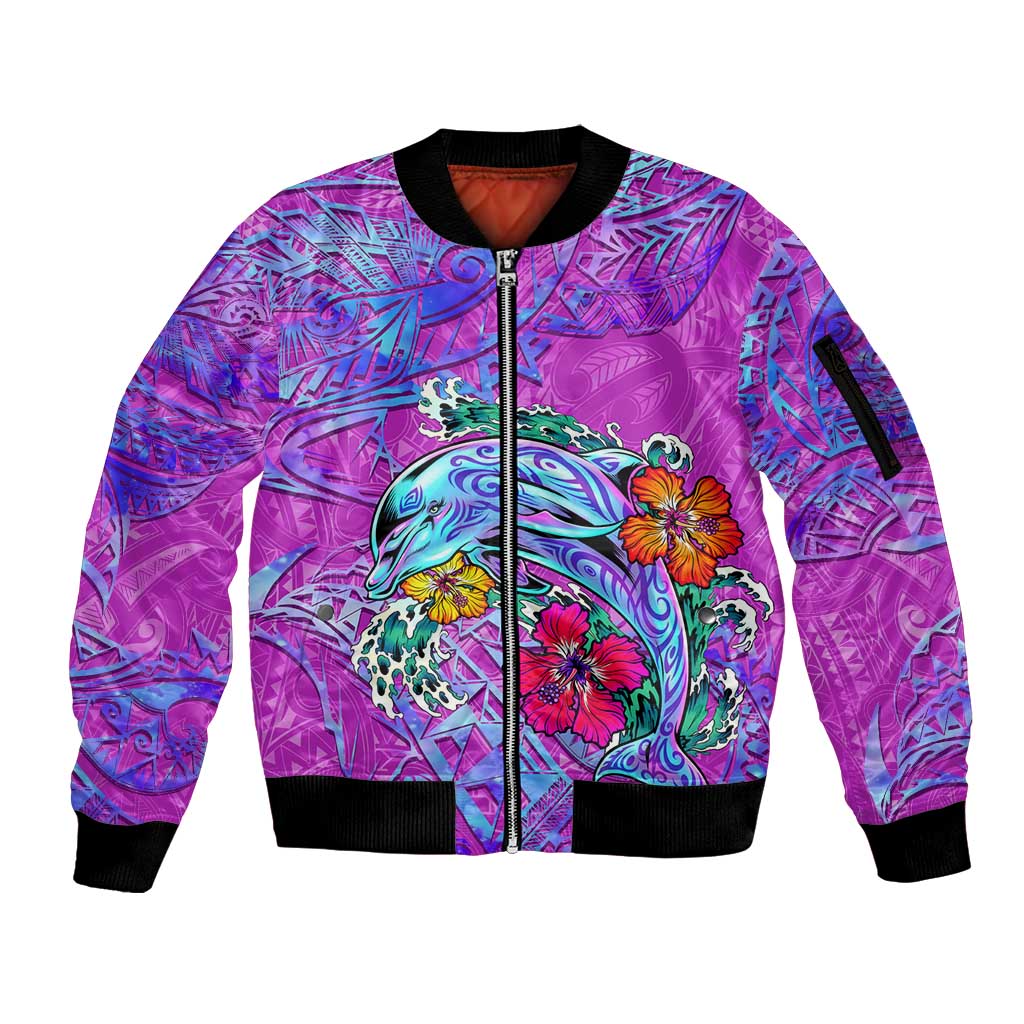 Personalized Dolphin Polynesia Sleeve Zip Bomber Jacket Hibiscus Tropical Wave - Purple Vibes