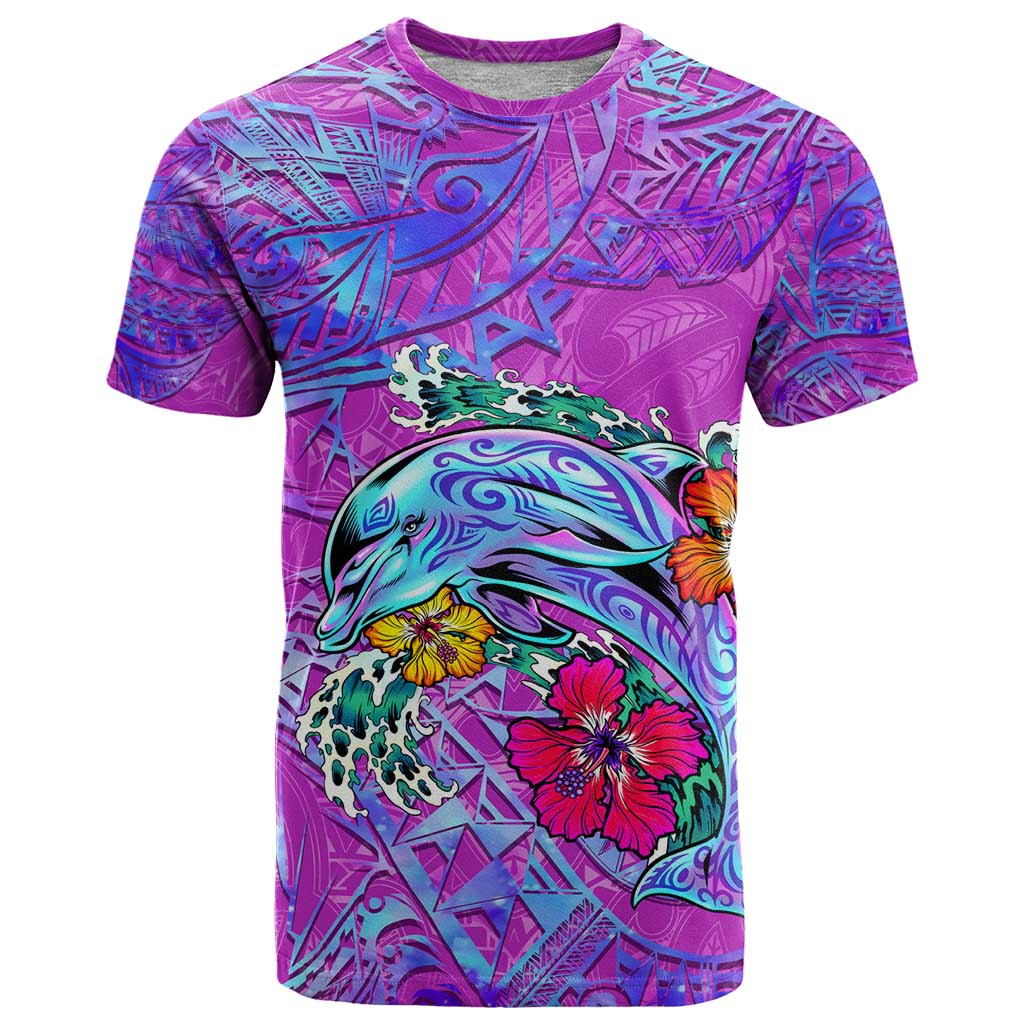 Personalized Dolphin Polynesia T Shirt Hibiscus Tropical Wave - Purple Vibes