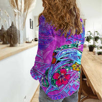 Personalized Dolphin Polynesia Women Casual Shirt Hibiscus Tropical Wave - Purple Vibes