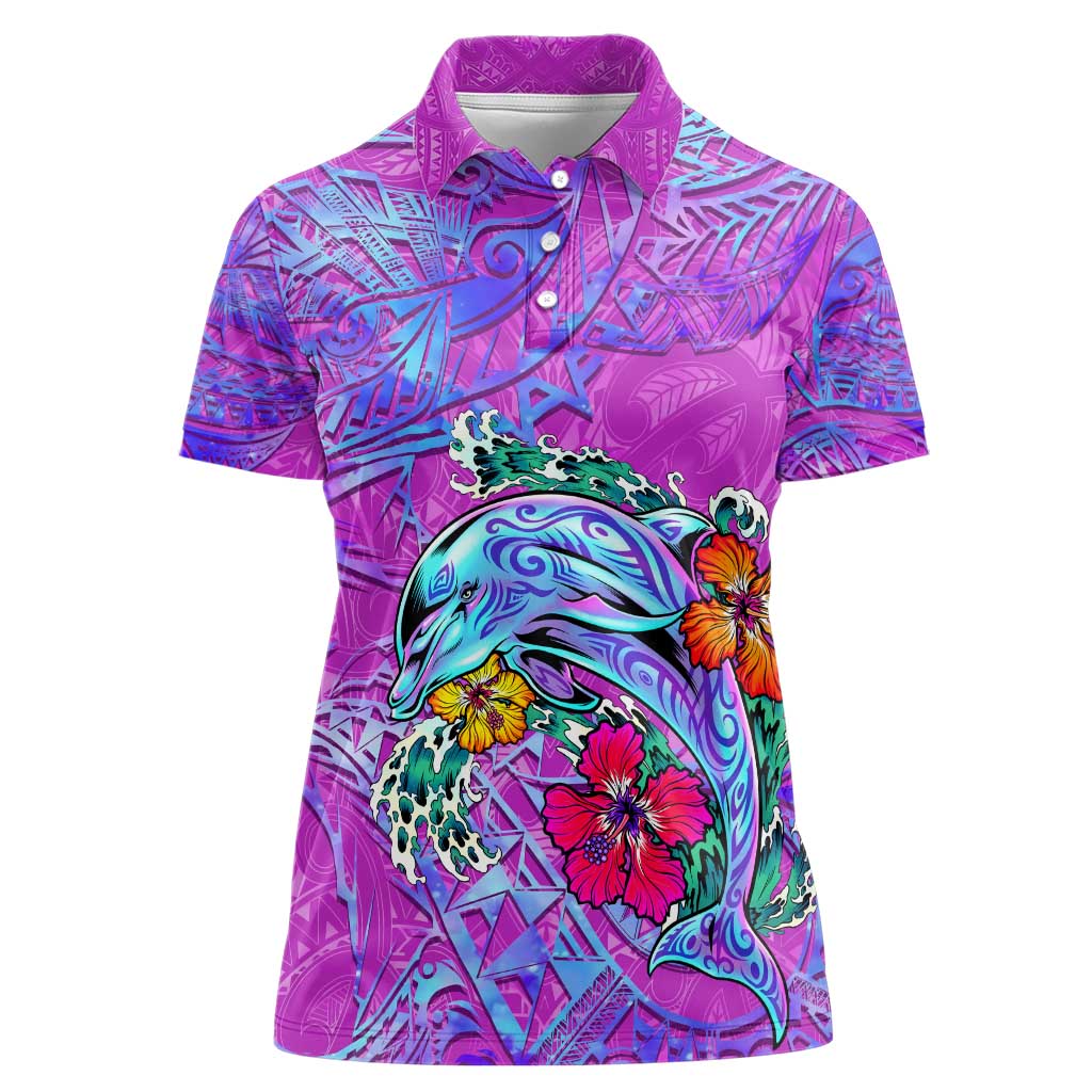 Personalized Dolphin Polynesia Women Polo Shirt Hibiscus Tropical Wave - Purple Vibes