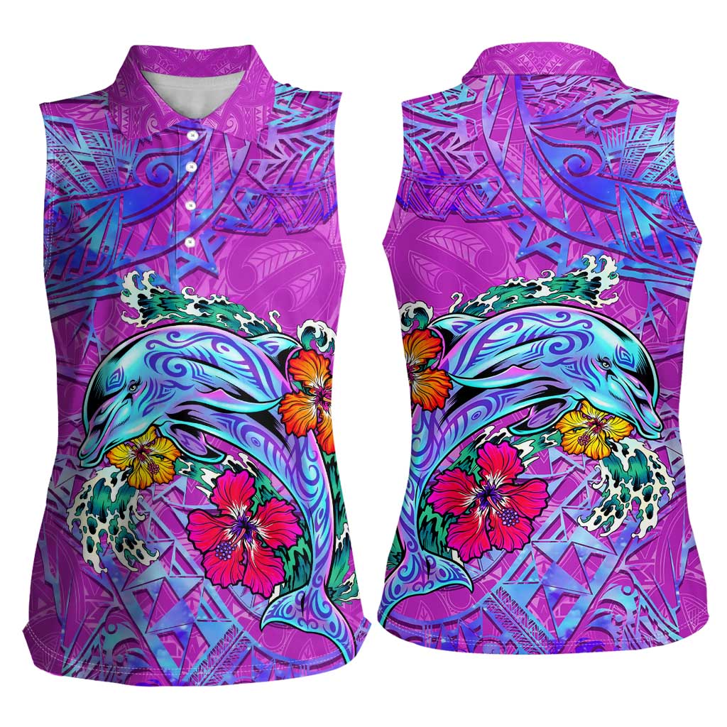 Dolphin Polynesia Women Sleeveless Polo Shirt Hibiscus Tropical Wave - Purple Vibes DT02 - Polynesian Pride