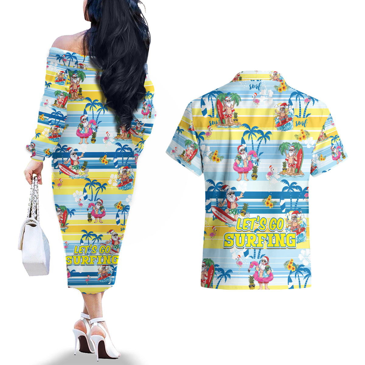 Surfing Christmas Couples Matching Off The Shoulder Long Sleeve Dress and Hawaiian Shirt Tropical Santa Let's Go Surfing DT02 - Polynesian Pride