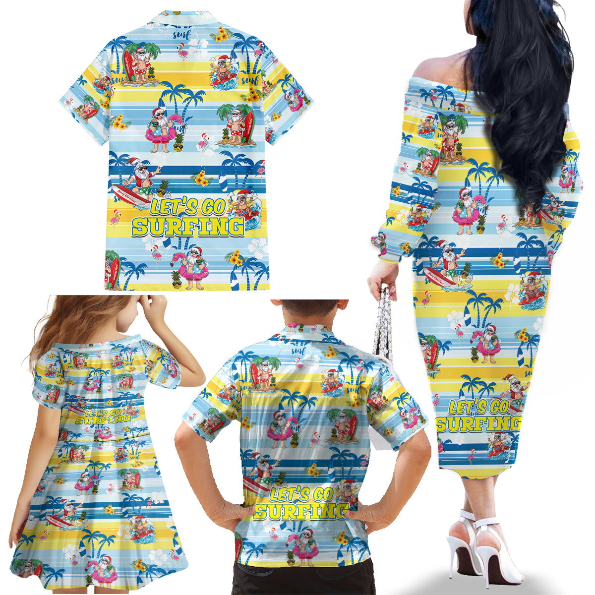 Surfing Christmas Family Matching Off Shoulder Long Sleeve Dress and Hawaiian Shirt Tropical Santa Let's Go Surfing DT02 - Polynesian Pride