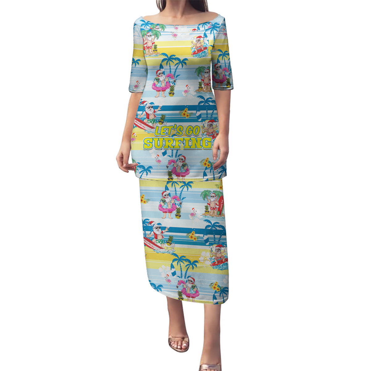 Surfing Christmas Family Matching Puletasi Dress and Hawaiian Shirt Tropical Santa Let's Go Surfing DT02 Mom's Dress Art - Polynesian Pride
