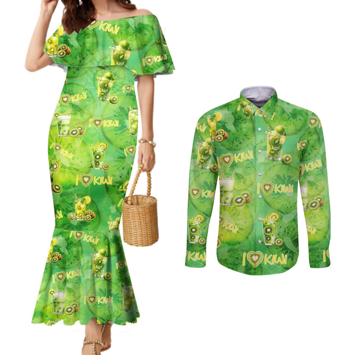 I Love Kiwi Couples Matching Mermaid Dress and Long Sleeve Button Shirt New Zealand Kiwi Fruit Summer Cocktail DT02 Green - Polynesian Pride