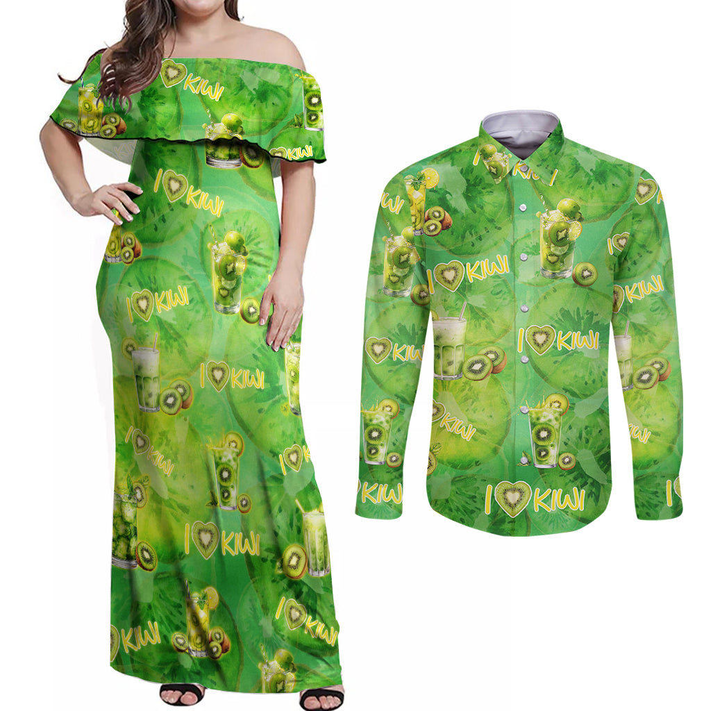 I Love Kiwi Couples Matching Off Shoulder Maxi Dress and Long Sleeve Button Shirt New Zealand Kiwi Fruit Summer Cocktail DT02 Green - Polynesian Pride
