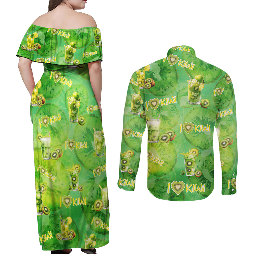 I Love Kiwi Couples Matching Off Shoulder Maxi Dress and Long Sleeve Button Shirt New Zealand Kiwi Fruit Summer Cocktail DT02 - Polynesian Pride