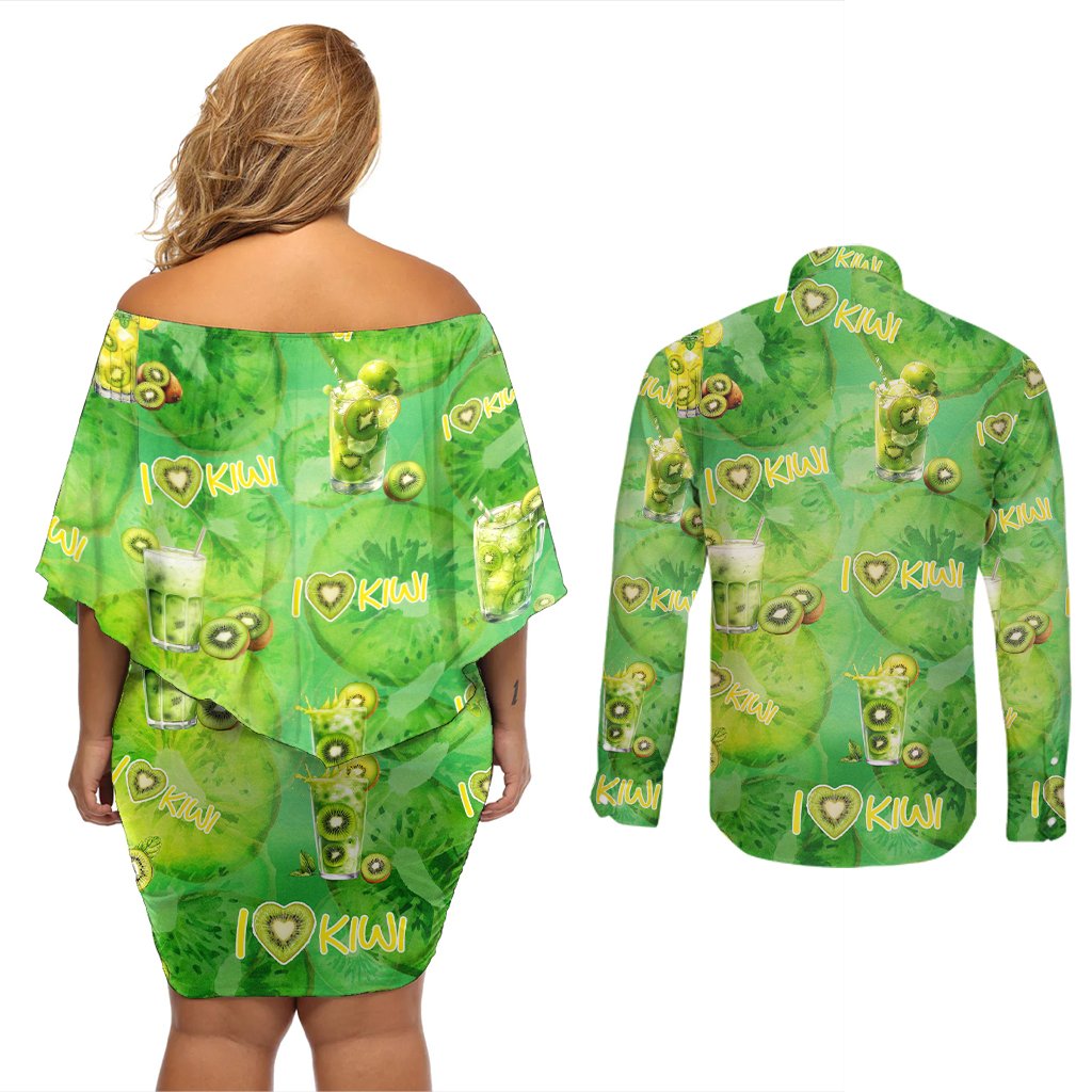 I Love Kiwi Couples Matching Off Shoulder Short Dress and Long Sleeve Button Shirt New Zealand Kiwi Fruit Summer Cocktail DT02 - Polynesian Pride
