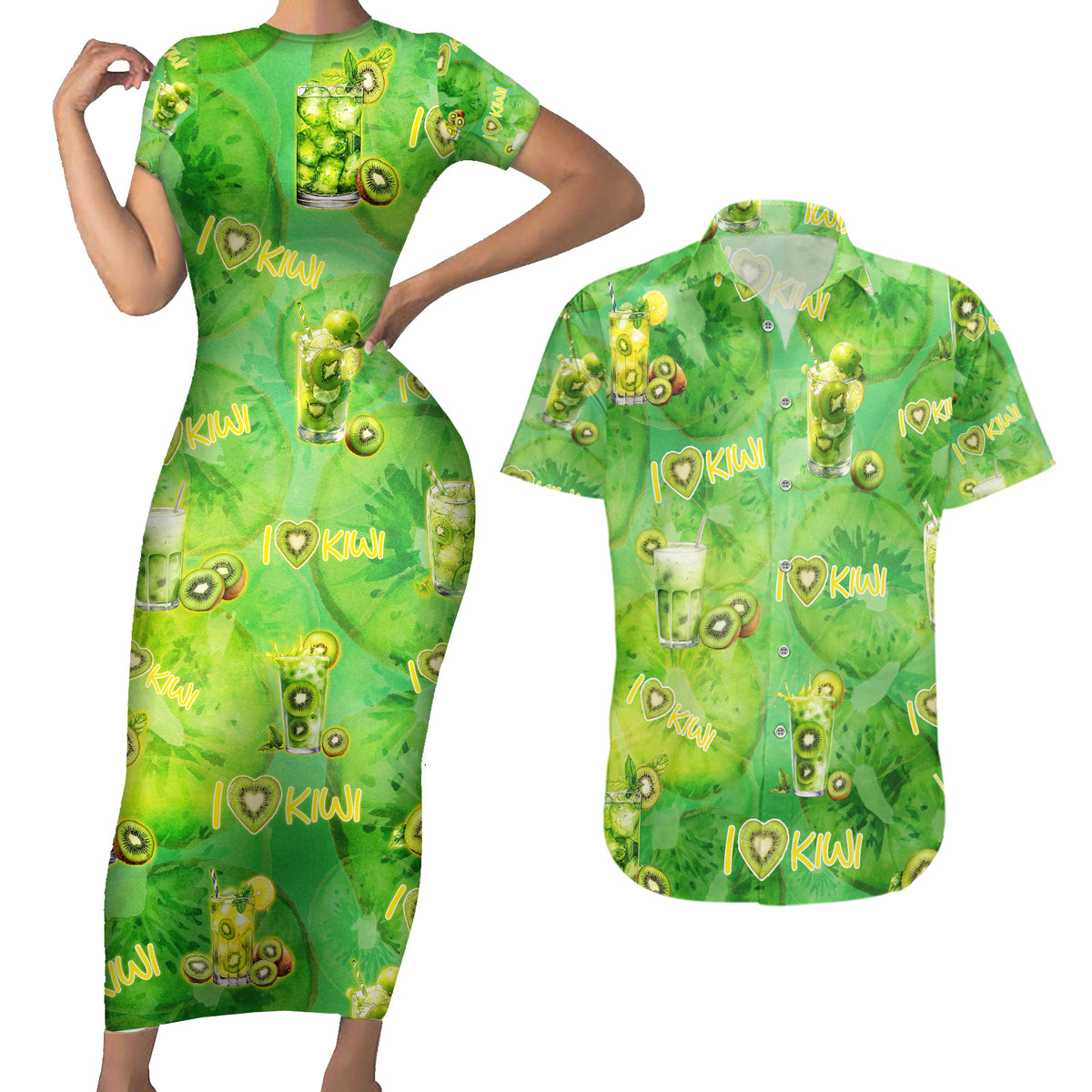 I Love Kiwi Couples Matching Short Sleeve Bodycon Dress and Hawaiian Shirt New Zealand Kiwi Fruit Summer Cocktail DT02 Green - Polynesian Pride
