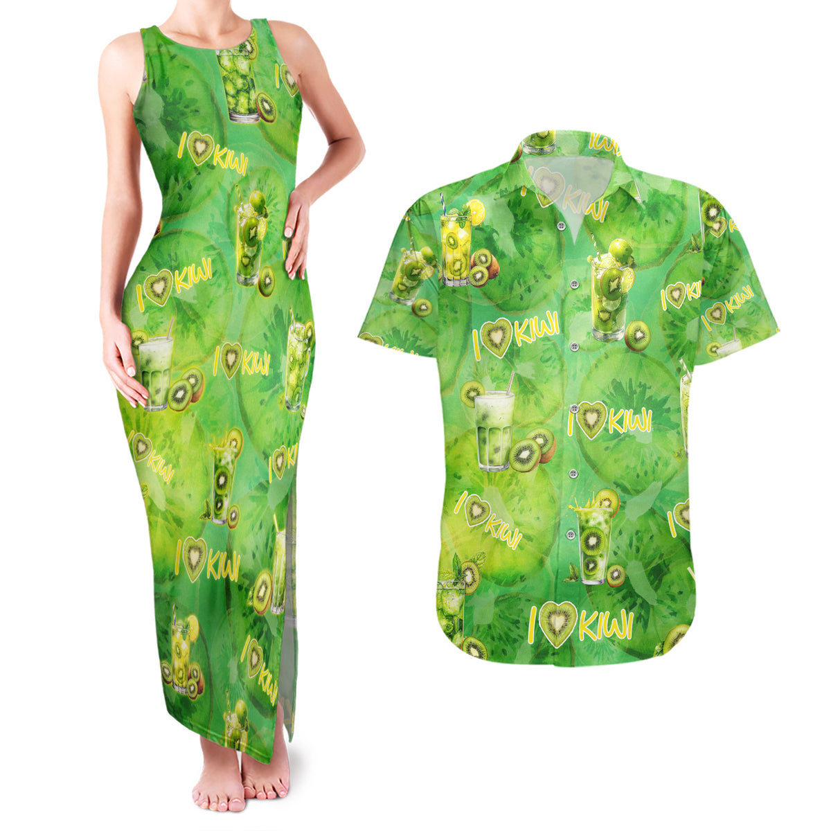 I Love Kiwi Couples Matching Tank Maxi Dress and Hawaiian Shirt New Zealand Kiwi Fruit Summer Cocktail DT02 Green - Polynesian Pride