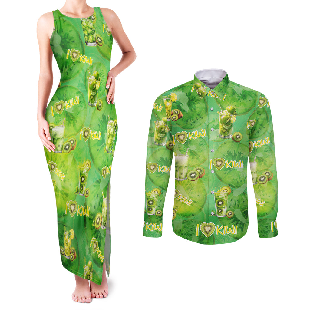 I Love Kiwi Couples Matching Tank Maxi Dress and Long Sleeve Button Shirt New Zealand Kiwi Fruit Summer Cocktail DT02 Green - Polynesian Pride