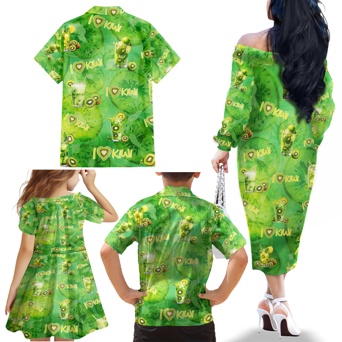 I Love Kiwi Family Matching Off The Shoulder Long Sleeve Dress and Hawaiian Shirt New Zealand Kiwi Fruit Summer Cocktail