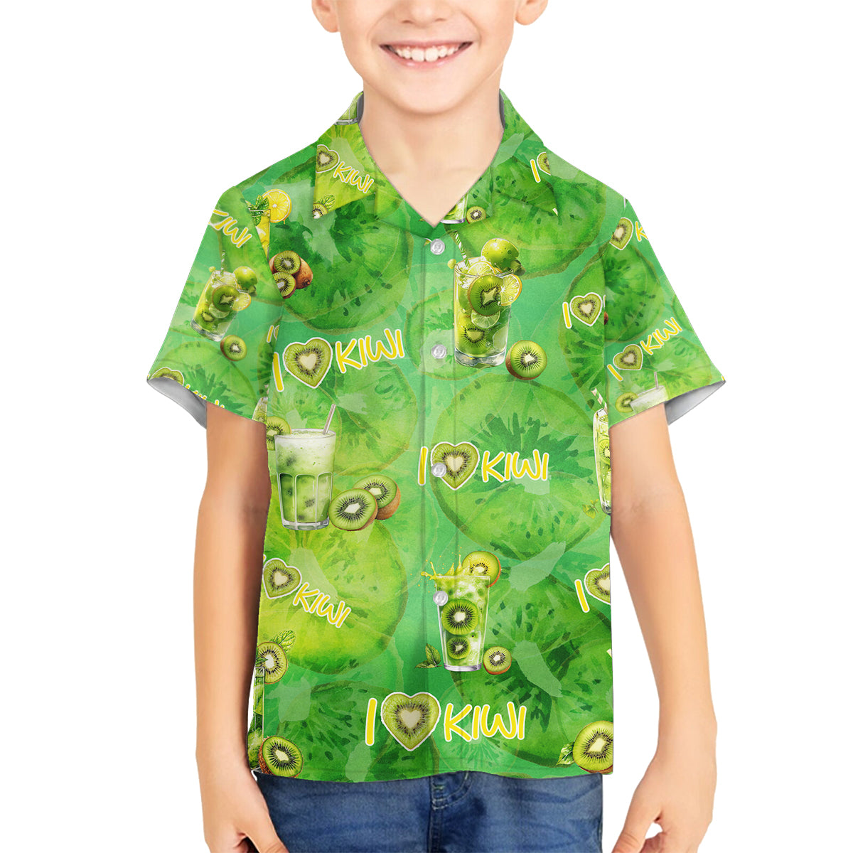 I Love Kiwi Family Matching Puletasi and Hawaiian Shirt New Zealand Kiwi Fruit Summer Cocktail DT02 Son's Shirt Green - Polynesian Pride