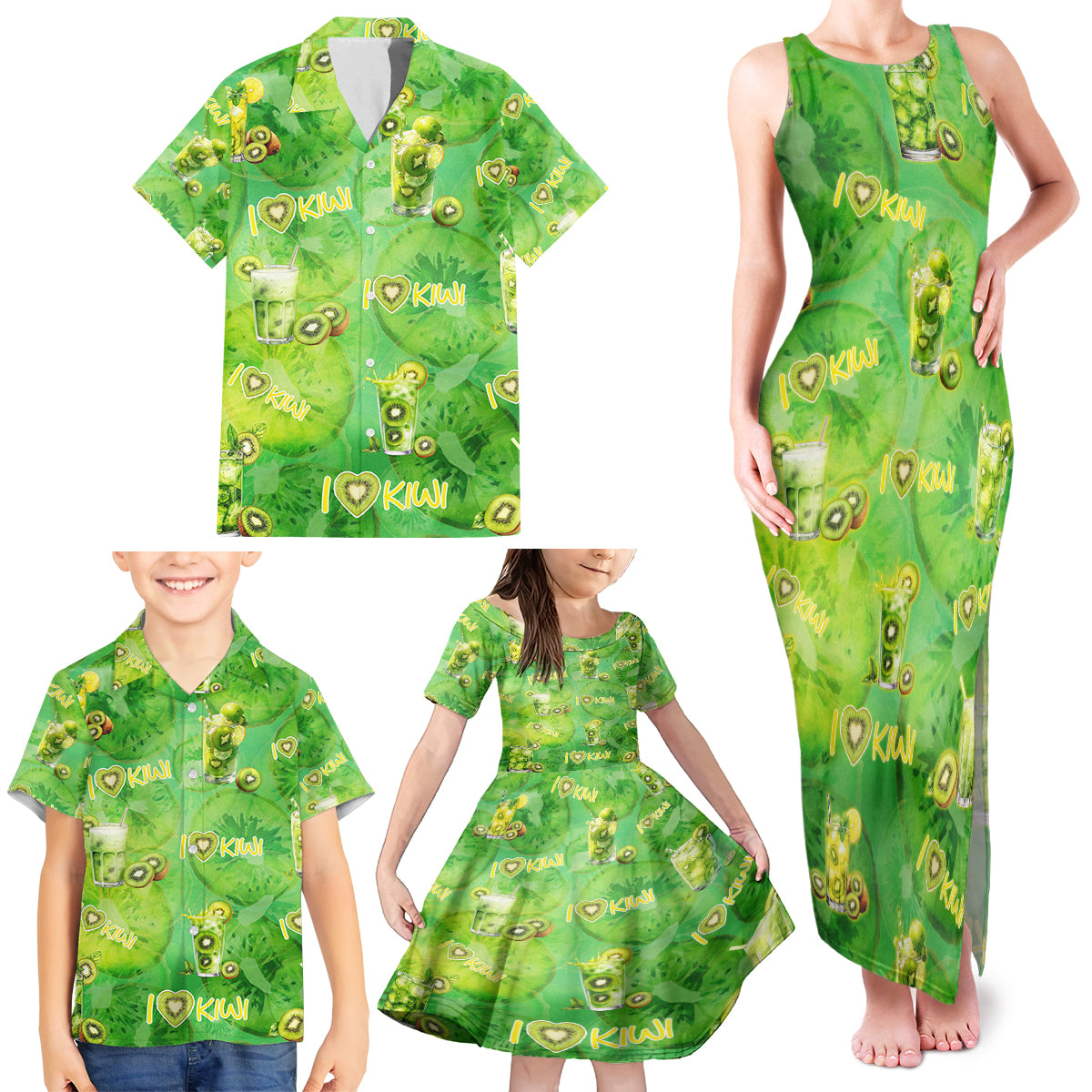 I Love Kiwi Family Matching Tank Maxi Dress and Hawaiian Shirt New Zealand Kiwi Fruit Summer Cocktail