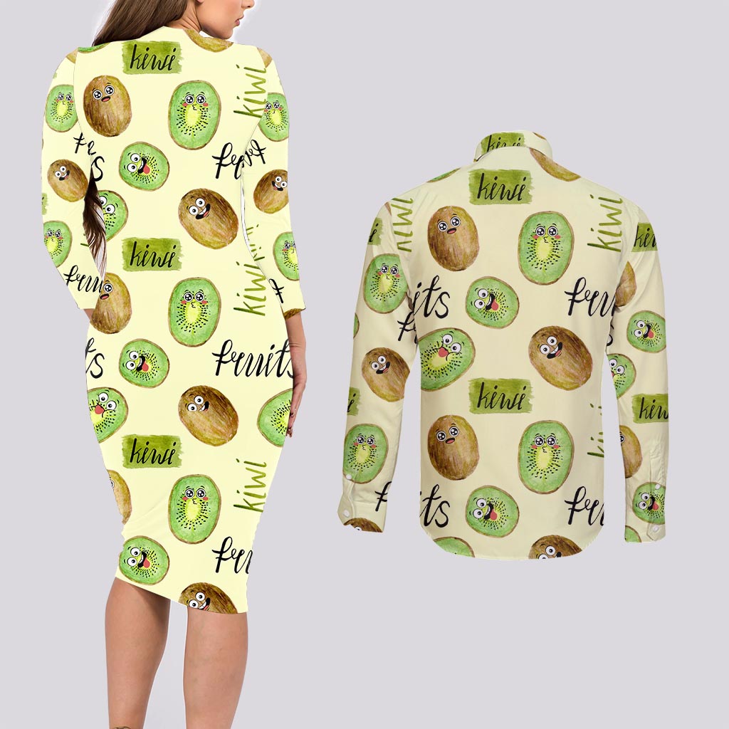 Kiwi Cute Humorous Couples Matching Long Sleeve Bodycon Dress and Long Sleeve Button Shirt New Zealand Fruit
