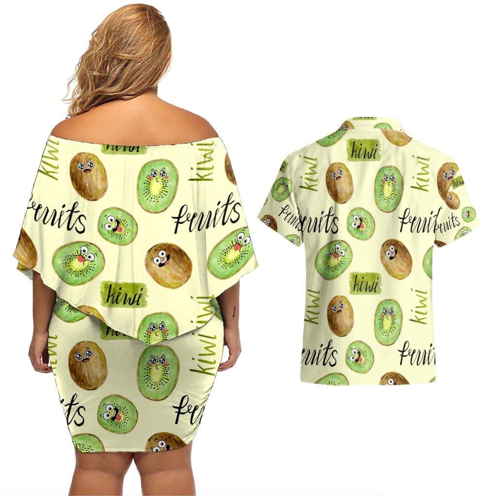 Kiwi Cute Humorous Couples Matching Off Shoulder Short Dress and Hawaiian Shirt New Zealand Fruit