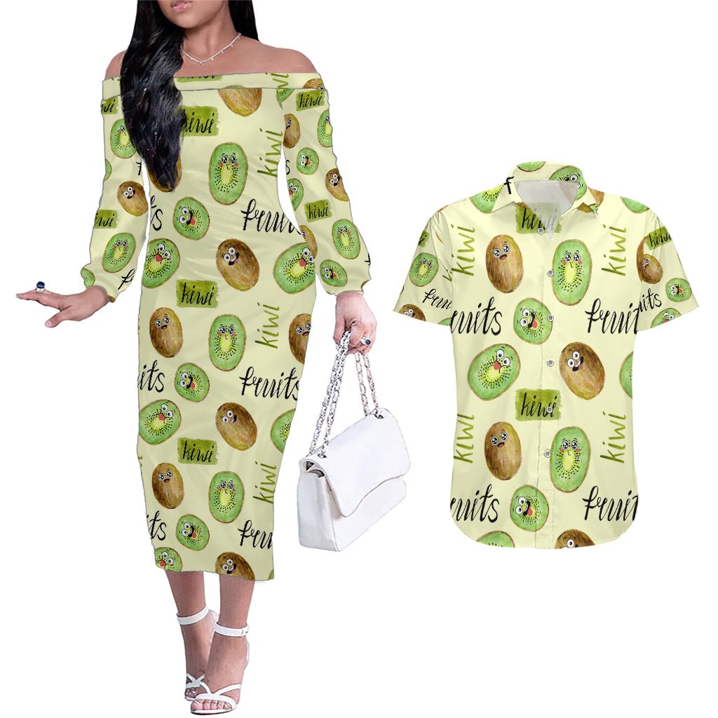 Kiwi Cute Humorous Couples Matching Off The Shoulder Long Sleeve Dress and Hawaiian Shirt New Zealand Fruit