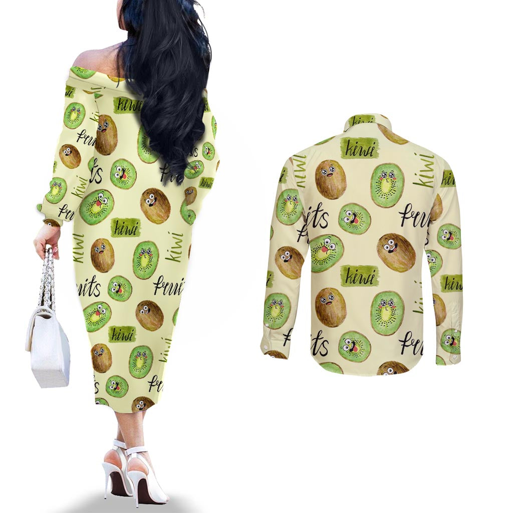 Kiwi Cute Humorous Couples Matching Off The Shoulder Long Sleeve Dress and Long Sleeve Button Shirt New Zealand Fruit