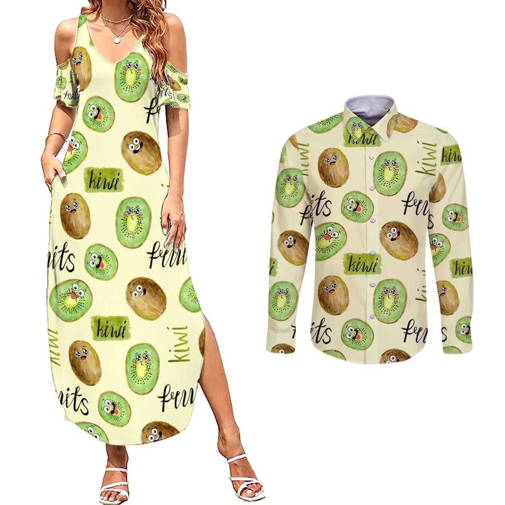 Kiwi Cute Humorous Couples Matching Summer Maxi Dress and Long Sleeve Button Shirt New Zealand Fruit