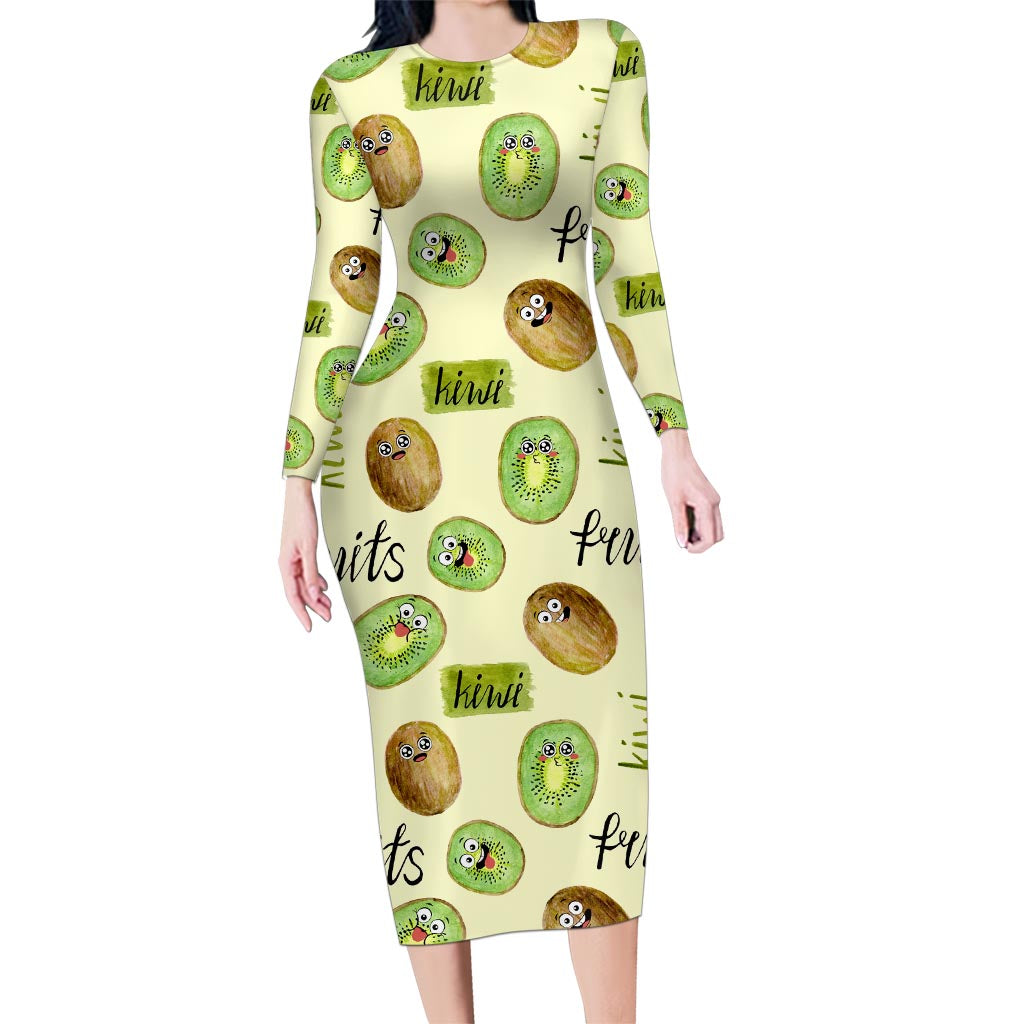 Kiwi Cute Humorous Family Matching Long Sleeve Bodycon Dress and Hawaiian Shirt New Zealand Fruit DT02 Mom's Dress Yellow - Polynesian Pride