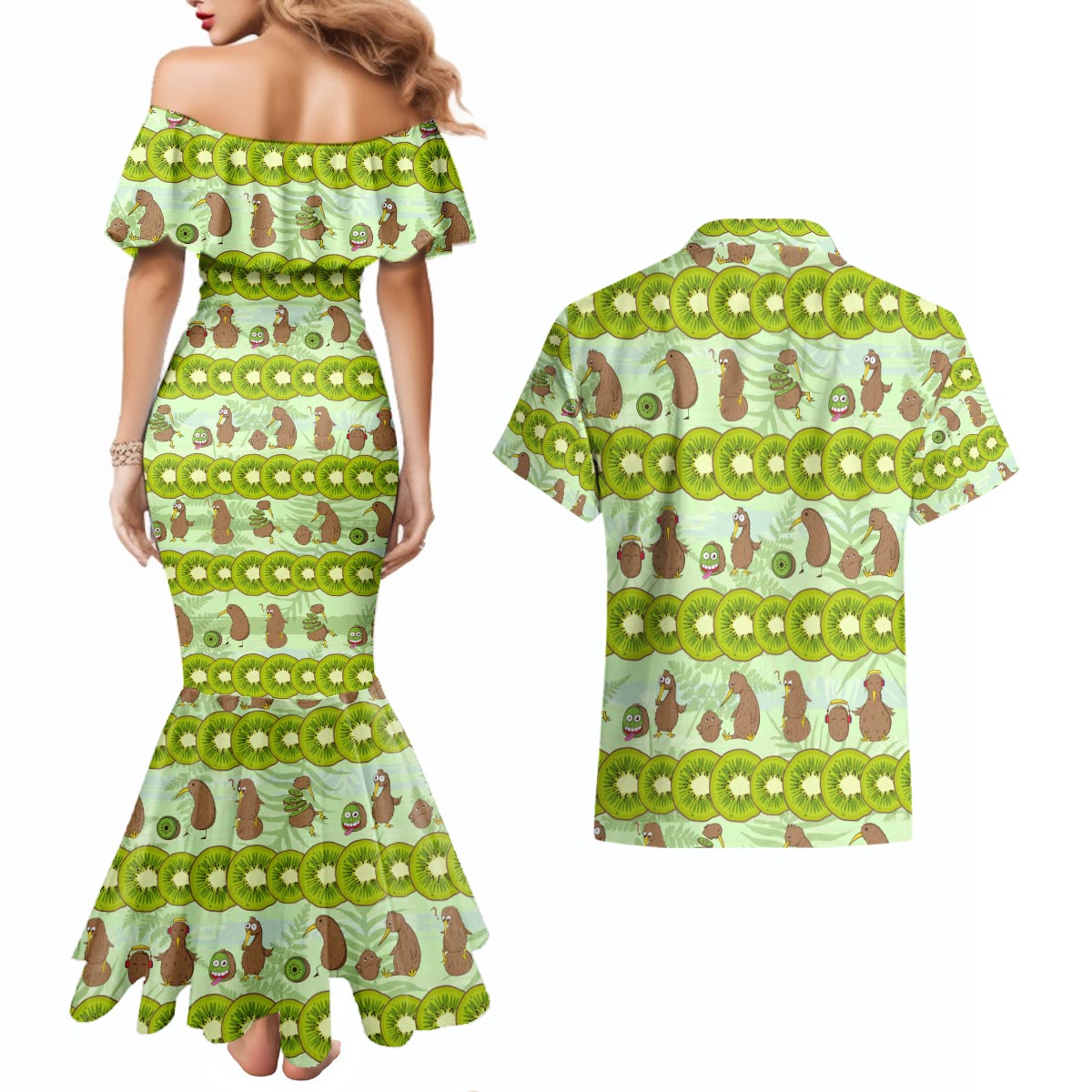 New Zealand Kiwi Fruit Witty Kiwi Bird Couples Matching Mermaid Dress and Hawaiian Shirt