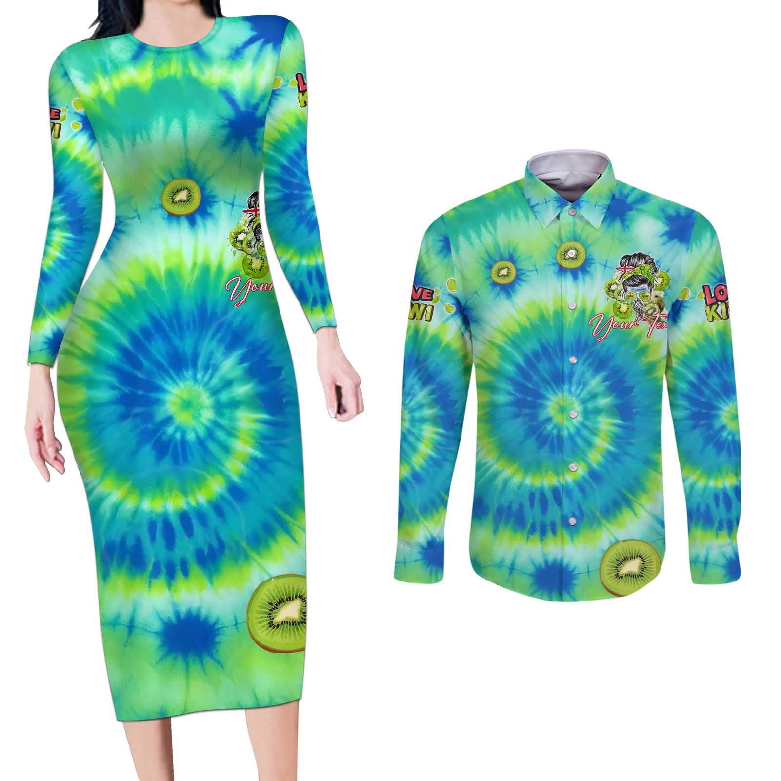 Just a Girl Who Loves Kiwis Couples Matching Long Sleeve Bodycon Dress and Long Sleeve Button Shirt New Zealand Tie Dye