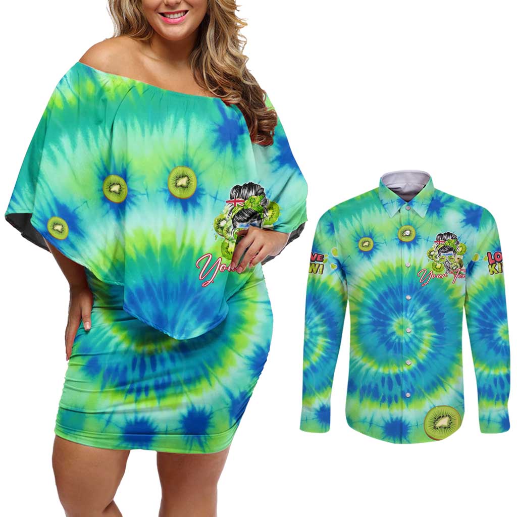 Just a Girl Who Loves Kiwis Couples Matching Off Shoulder Short Dress and Long Sleeve Button Shirt New Zealand Tie Dye