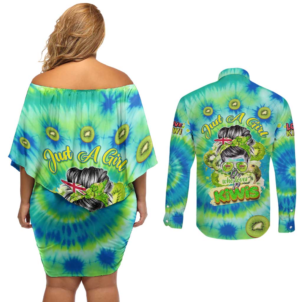 Just a Girl Who Loves Kiwis Couples Matching Off Shoulder Short Dress and Long Sleeve Button Shirt New Zealand Tie Dye