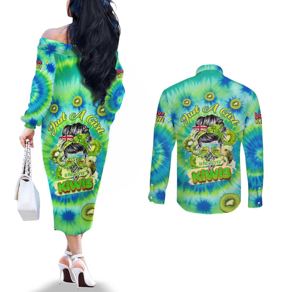 Just a Girl Who Loves Kiwis Couples Matching Off The Shoulder Long Sleeve Dress and Long Sleeve Button Shirt New Zealand Tie Dye