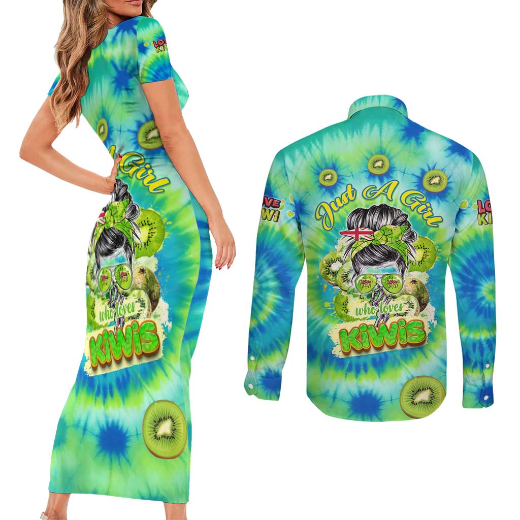 Just a Girl Who Loves Kiwis Couples Matching Short Sleeve Bodycon Dress and Long Sleeve Button Shirt New Zealand Tie Dye