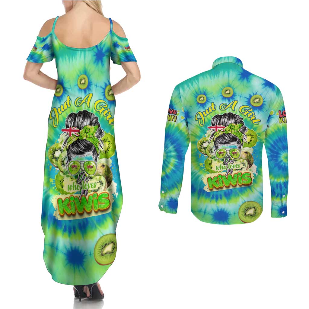 Just a Girl Who Loves Kiwis Couples Matching Summer Maxi Dress and Long Sleeve Button Shirt New Zealand Tie Dye