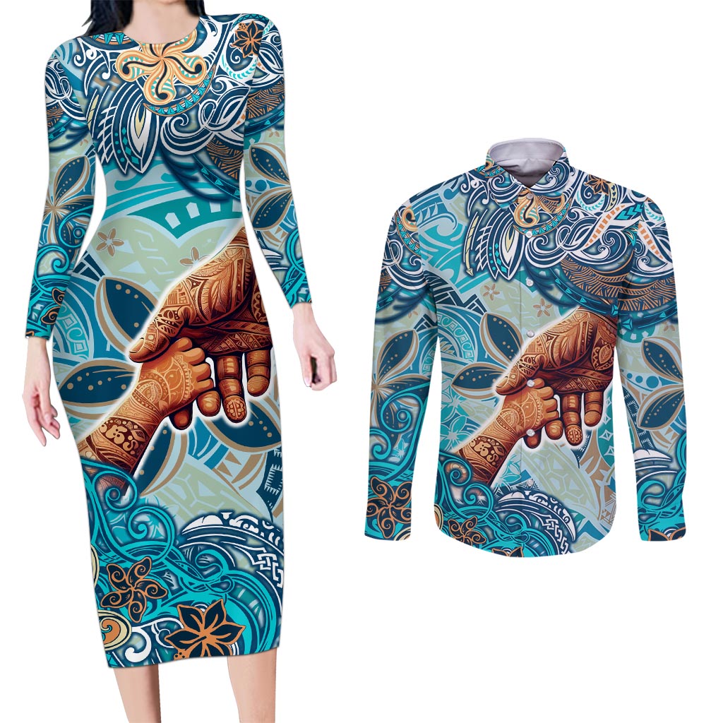 Hand In Hand Father's Day Polynesian Couples Matching Long Sleeve Bodycon Dress and Long Sleeve Button Shirt Tribal Flower Pattern