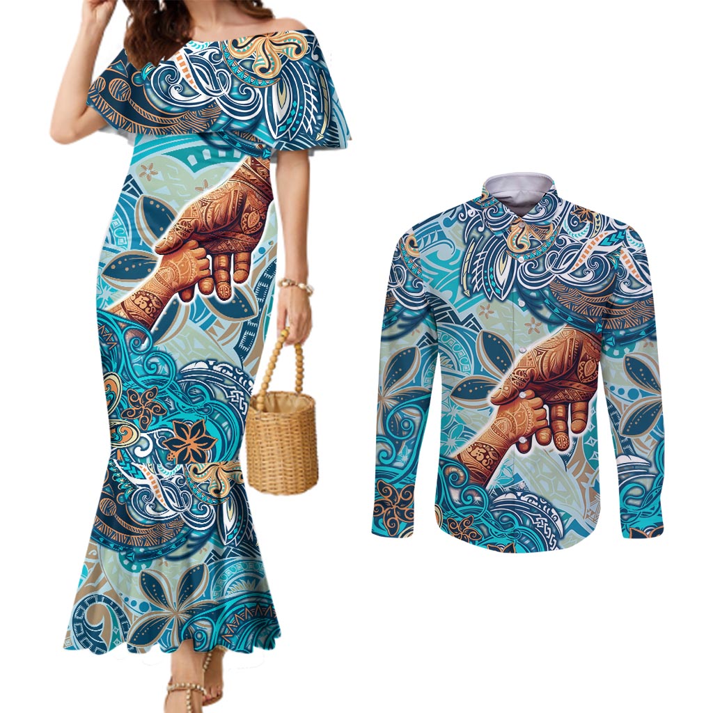 Hand In Hand Father's Day Polynesian Couples Matching Mermaid Dress and Long Sleeve Button Shirt Tribal Flower Pattern