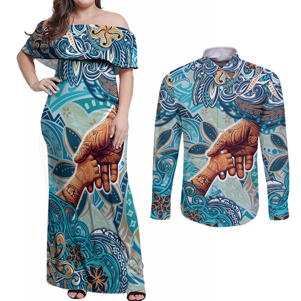Hand In Hand Father's Day Polynesian Couples Matching Off Shoulder Maxi Dress and Long Sleeve Button Shirt Tribal Flower Pattern