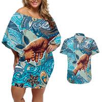 Hand In Hand Father's Day Polynesian Couples Matching Off Shoulder Short Dress and Hawaiian Shirt Tribal Flower Pattern