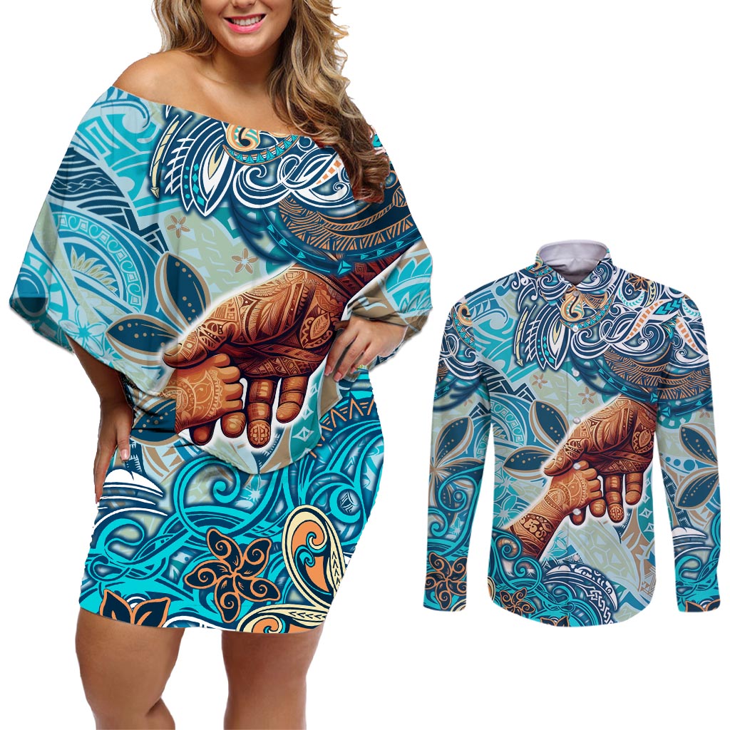 Hand In Hand Father's Day Polynesian Couples Matching Off Shoulder Short Dress and Long Sleeve Button Shirt Tribal Flower Pattern