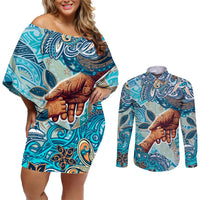 Hand In Hand Father's Day Polynesian Couples Matching Off Shoulder Short Dress and Long Sleeve Button Shirt Tribal Flower Pattern